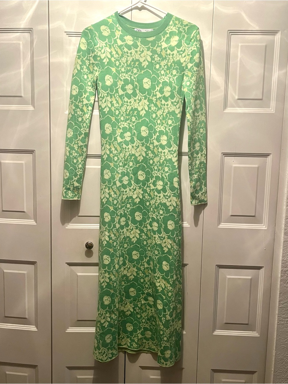 Zara Green Yellow Floral Crew Neck Maxi Sweater Dress Small